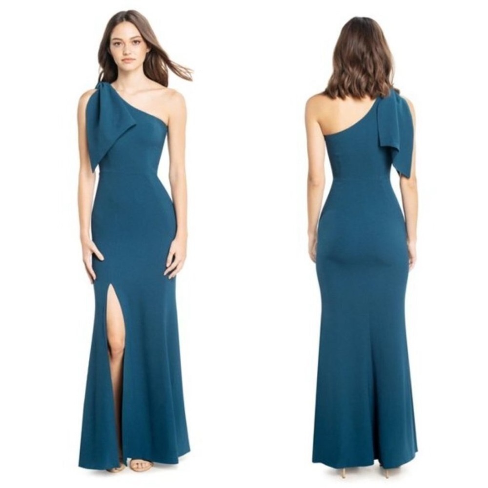 NWOT DRESS THE POPULATION Georgina One-Shoulder Crepe Gown in Peacock blue sz L